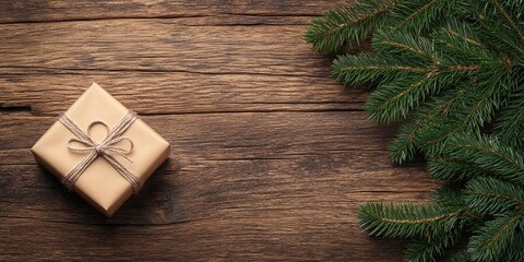 Christmas gift box wrapped in brown string positioned on the left with green pine branches along the top right on rustic wooden background