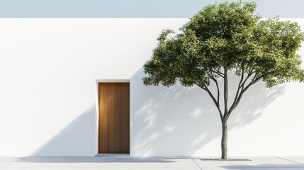 A contemporary single-story white house with a spacious side garden, shaded by a tree and featuring a cozy seating area.