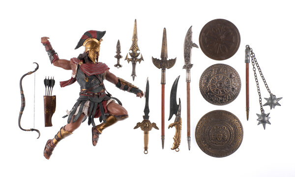 gladiator and set of weapons isolated on white background