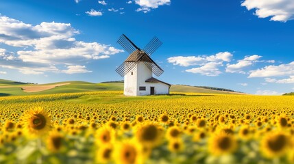 Rustic Windmill with Blooming Sunflowers