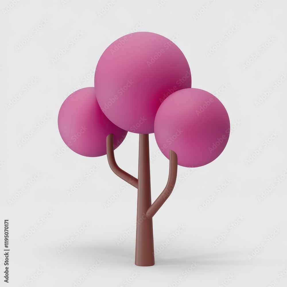 Poster A stylized 3D rendering of a pink tree with three round leaves and a brown trunk.
