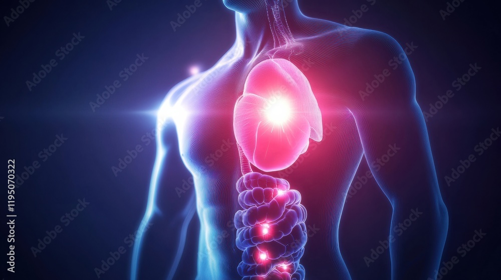 Aufkleber glowing human torso with red focus on stomach area emanating ethereal light in dark setting. generat