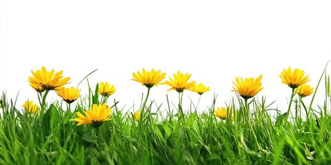 Close-up of vibrant yellow flowers blooming in lush green grass against a bright white background with ample negative space for text