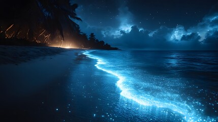 A mesmerizing coastal scene with glowing bioluminescent waves, lighting up the shore under a tranquil night. generative ai
