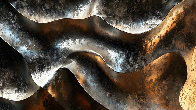 A textured abstract piece with bold metallic tones in bronze and silver, paired with dark shadowy elements for a visually striking composition 