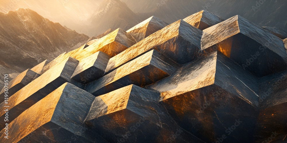 Poster golden geometric abstraction: abstract 3d rendering of a metallic structure with a geometric pattern