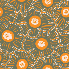 Seamless pattern with decorative stitch flowers. Handdrawn vector illustration.