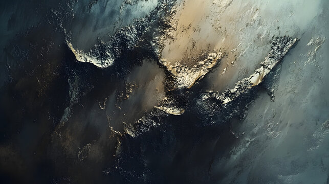 A textured abstract piece with bold metallic tones in bronze and silver, paired with dark shadowy elements for a visually striking composition 