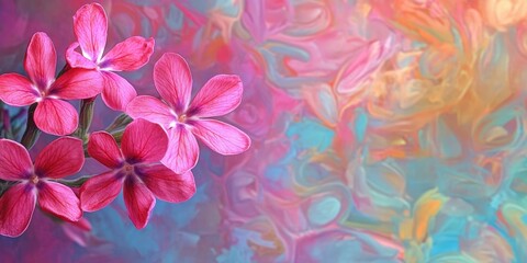 Vibrant pink periwinkles bloom on the left against a soft abstract background of pastel colors with swirls of pink, blue, and orange tones.