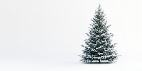 Snow-covered Christmas tree positioned on the right side of a bright white background with ample copy space for festive holiday designs.