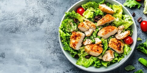 Freshly prepared Chicken Caesar salad in a shallow bowl with grilled chicken, romaine lettuce, cherry tomatoes, and dark olives on a textured gray background