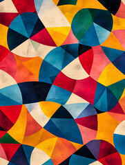 Fototapeta premium Abstract Geometric Pattern: A vibrant and playful abstract pattern featuring overlapping circles, arcs, and triangles in a kaleidoscope of bright colors.