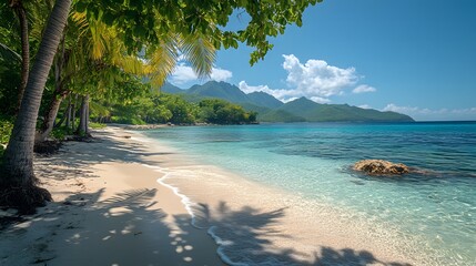 A peaceful tropical beach featuring soft white sand, clear turquoise waters, and a calm, sunny atmosphere. generative ai