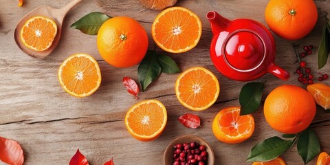 Traditional Chinese New Year arrangement featuring vibrant oranges with green leaves, a shiny red teapot, and wooden elements on a rustic table.