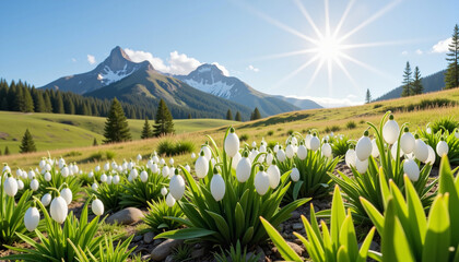 Fototapeta premium Joyful snowdrops blooming in vibrant green field, nature's awakening