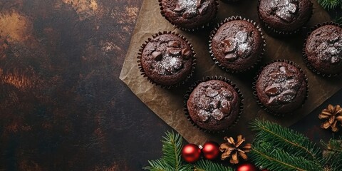 Fototapeta premium Chocolate muffins arranged on a brown parchment with silver dust and chocolate chips, surrounded by pine branches and festive ornaments, top view.
