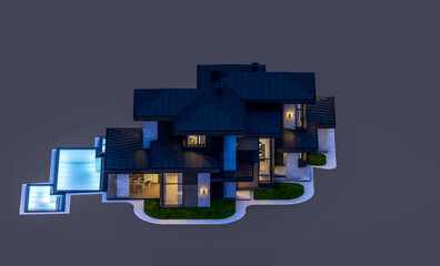 3d rendering of modern two story house with gray and wood accents, large windows, parking space in the right side of the building in night isolated on black