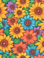 Vibrant Abstract Sunflower Pattern: Artistic Floral Textile Design