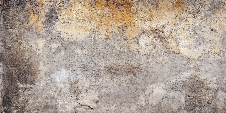Weathered cement wall with unique textures featuring gray and brown tones, exhibiting a vintage appeal with subtle yellow and orange highlights. - Powered by Adobe