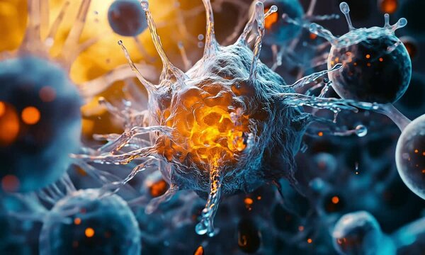 A detailed close-up of an exploding cell, with glowing structures and bright orange sparks in the background