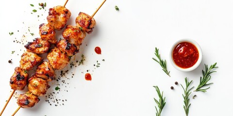 Grilled chicken skewers with spicy sauce on a white background featuring fresh herbs, skewers positioned left and sauce bowl on the right side.