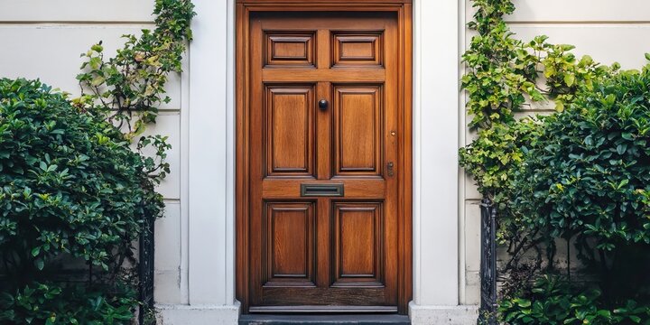 Traditional wooden door with vintage design surrounded by lush green ivy on both sides, featuring a rich brown color and intricate detailing.