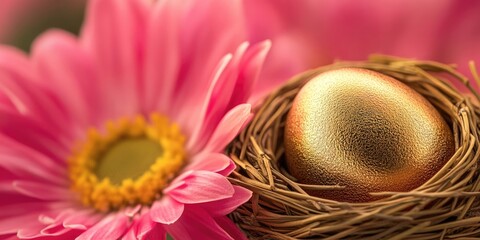 Golden egg nestled in a woven nest surrounded by vibrant pink flowers with yellow centers creating a serene and charming springtime atmosphere.