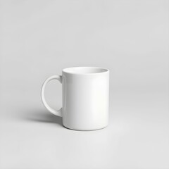 Fototapeta premium White ceramic mug, minimalist design, plain background, studio lighting, high contrast, simple composition, product photography, clean aesthetic, matte finish, neutral tones, symmetrical