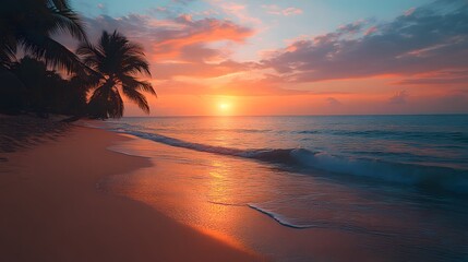 A serene tropical beach at sunset with vibrant hues reflecting on calm turquoise waters and soft sand. generative ai