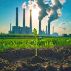 Small plant is growing in a dirt patch next to a large industrial plant
