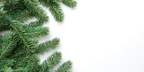 Obraz premium Festive green Christmas tree branches in the corner of a clean white backdrop creating space for customization in a holiday card design