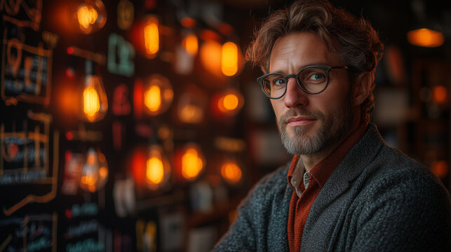 C2B lettering on a background showing a creative freelancer brainstorming ideas for a business. Bright lighting, contrast