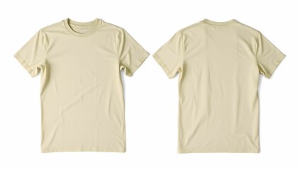 Beige t-shirts, plain crew neck, cotton fabric, minimalist design, front and back view, flat lay, studio lighting, simple background, classic wardrobe staple, casual wear, unisex style, neutral color