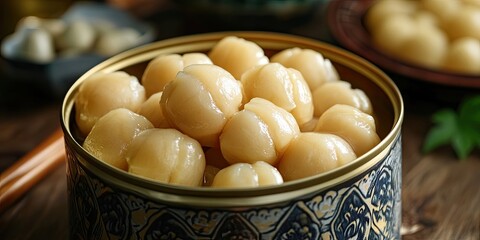 Whole peeled water chestnuts in an ornate can with golden tones placed centrally, surrounded by...