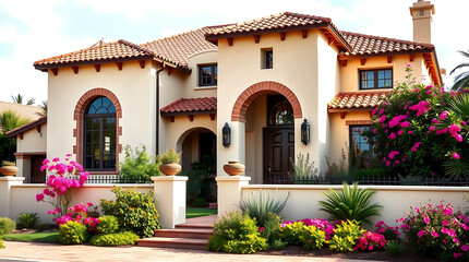Fototapeta premium Mediterranean Dream Home: Luxurious Spanish-Style Villa with Landscaped Gardens
