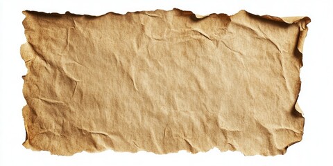 Vintage crumpled brown paper texture with rough edges placed centrally on a white background ideal for design and creative projects