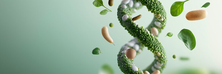 Abstract DNA helix formed with green peas and other healthy foods. Concept of healthy eating and nutrition.