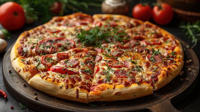 Beautiful still life of pizza and ingredients. Traditional Italian food. Photo for the menu	
