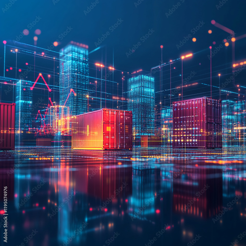 Poster futuristic shipping containers with glowing digital data overlay