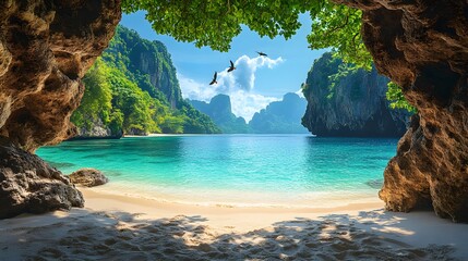 A serene beach with soft white sand, surrounded by towering cliffs covered in lush green foliage. generative ai
