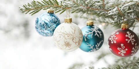 Colorful Christmas ornaments in blue, white, and red hanging on snow-dusted evergreen branches against a soft white background.