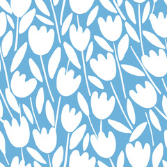 Seamless pattern with tulips on a blue background. Vector illustration.