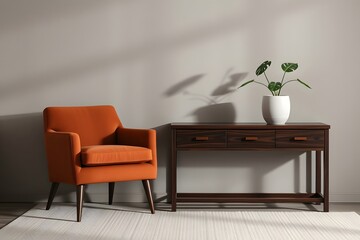 highlight the console and table arrangement while retaining the mid-century minimalist style. 
