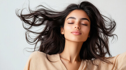 Fototapeta premium indian model flipping her hair confidently, on white background.