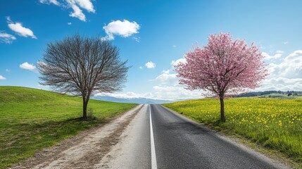 Fototapeta premium Scenic Road Surrounded by Cherry Blossom Tree and Bare Tree