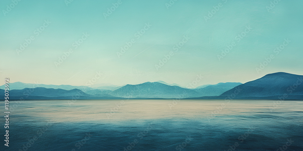 Wall mural Serene Mountain Lake: Misty morning on a tranquil lake, reflecting the silhouette of majestic mountains under a serene sky.  A peaceful and minimalist landscape. 