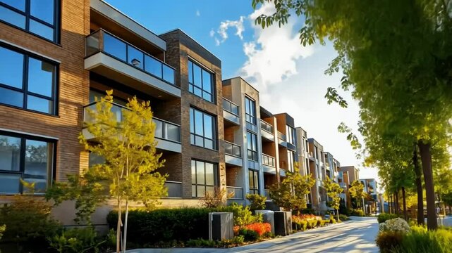 A stylish residential building surrounded by trees and greenery, blending urban and natural living.