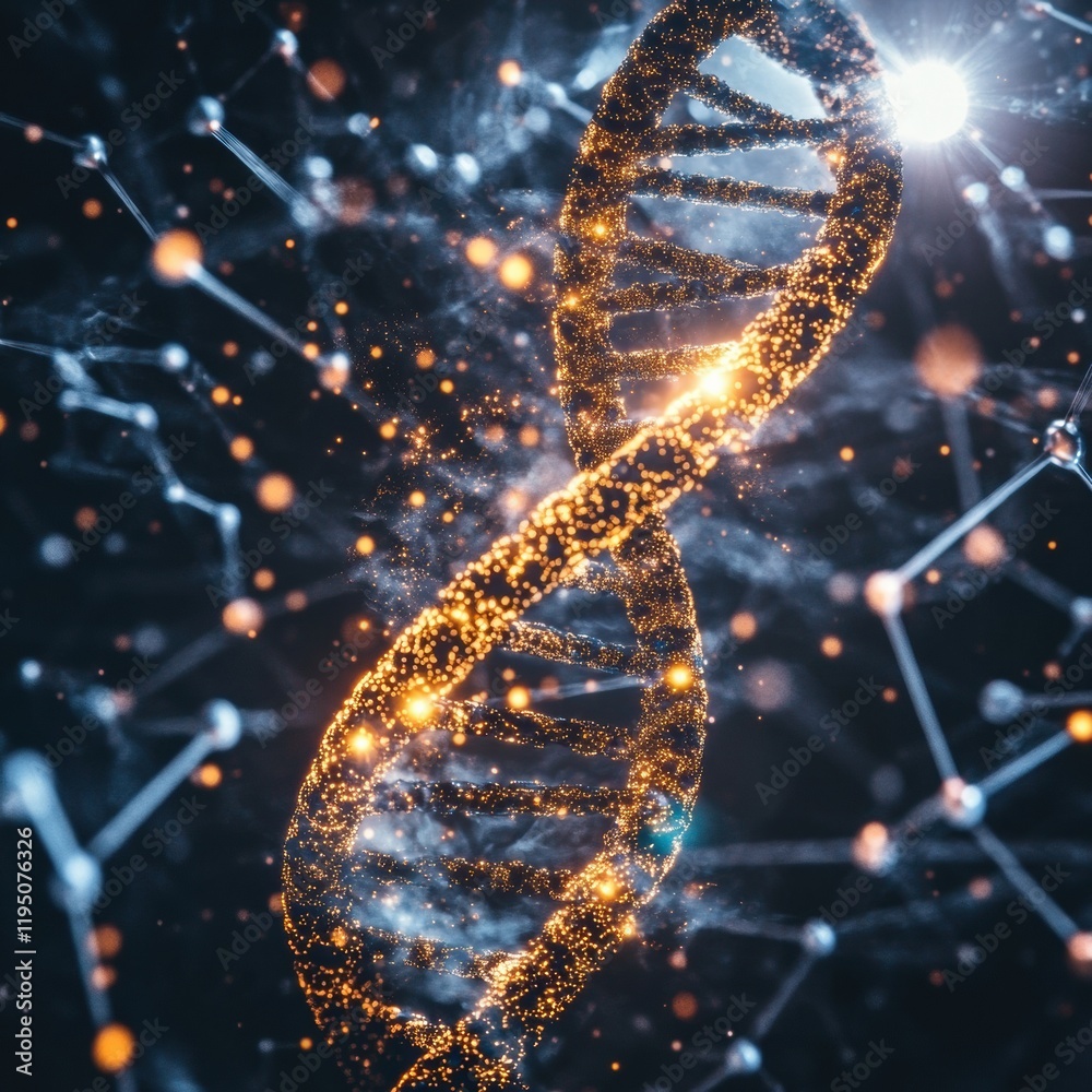 Fototapete Glowing DNA double helix illuminated by molecular connections in a scientific visualization. Generative AI