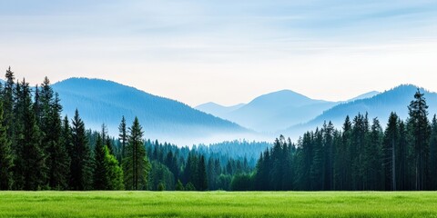 A serene landscape featuring misty mountains and dense forests under a soft blue sky, creating a peaceful natural setting.