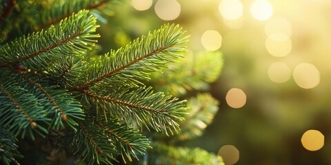 Close-up of a fir tree branch with fluffy green needles in soft focus against a blurred golden background providing ample copy space for festive themes